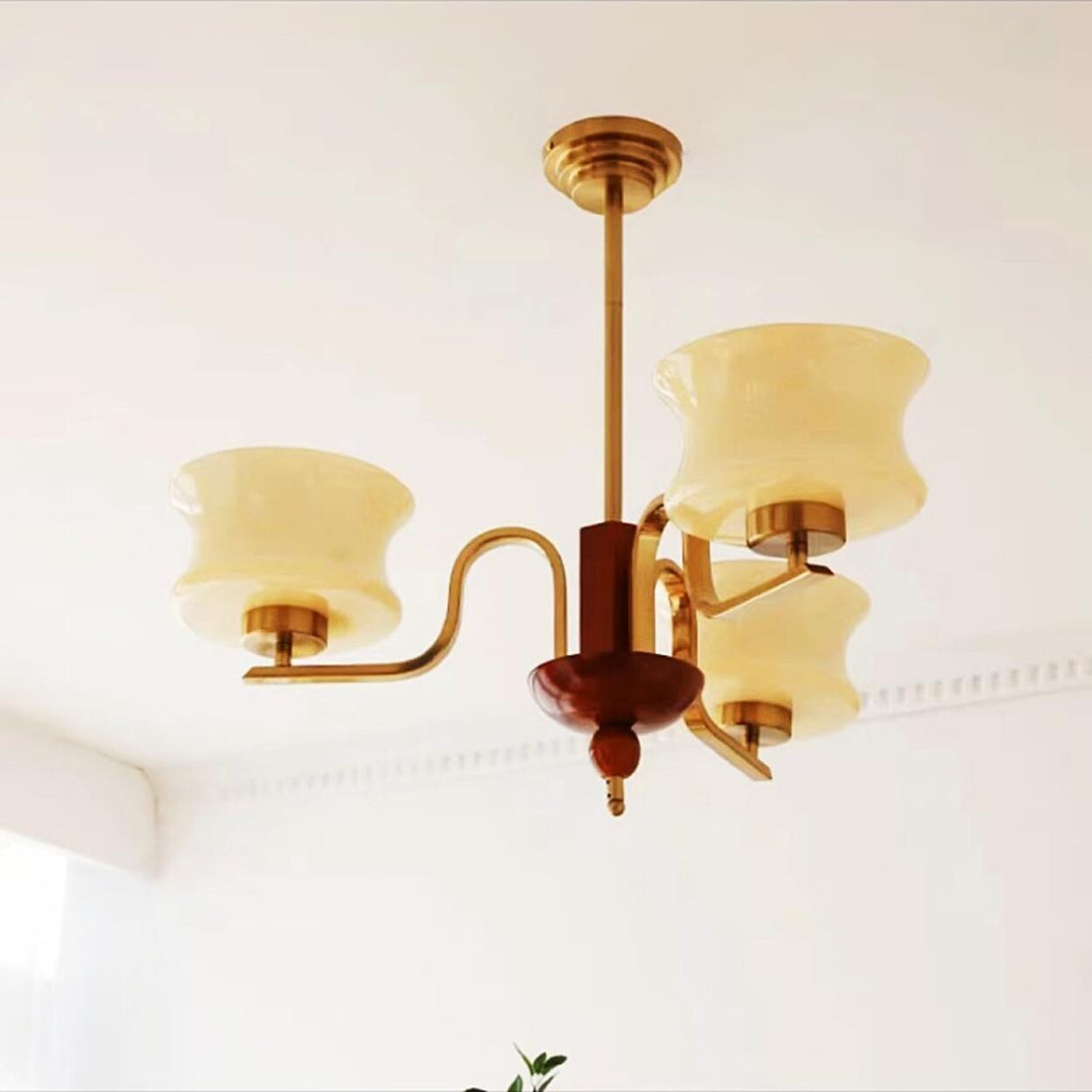 Mid-Century Glass Drum Brass Chandelier Adjustable Height Image - 4