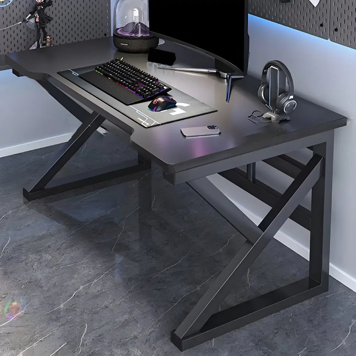 Mid-Century Modern Black Wood Cable Trestle Gaming Desk Image - 2