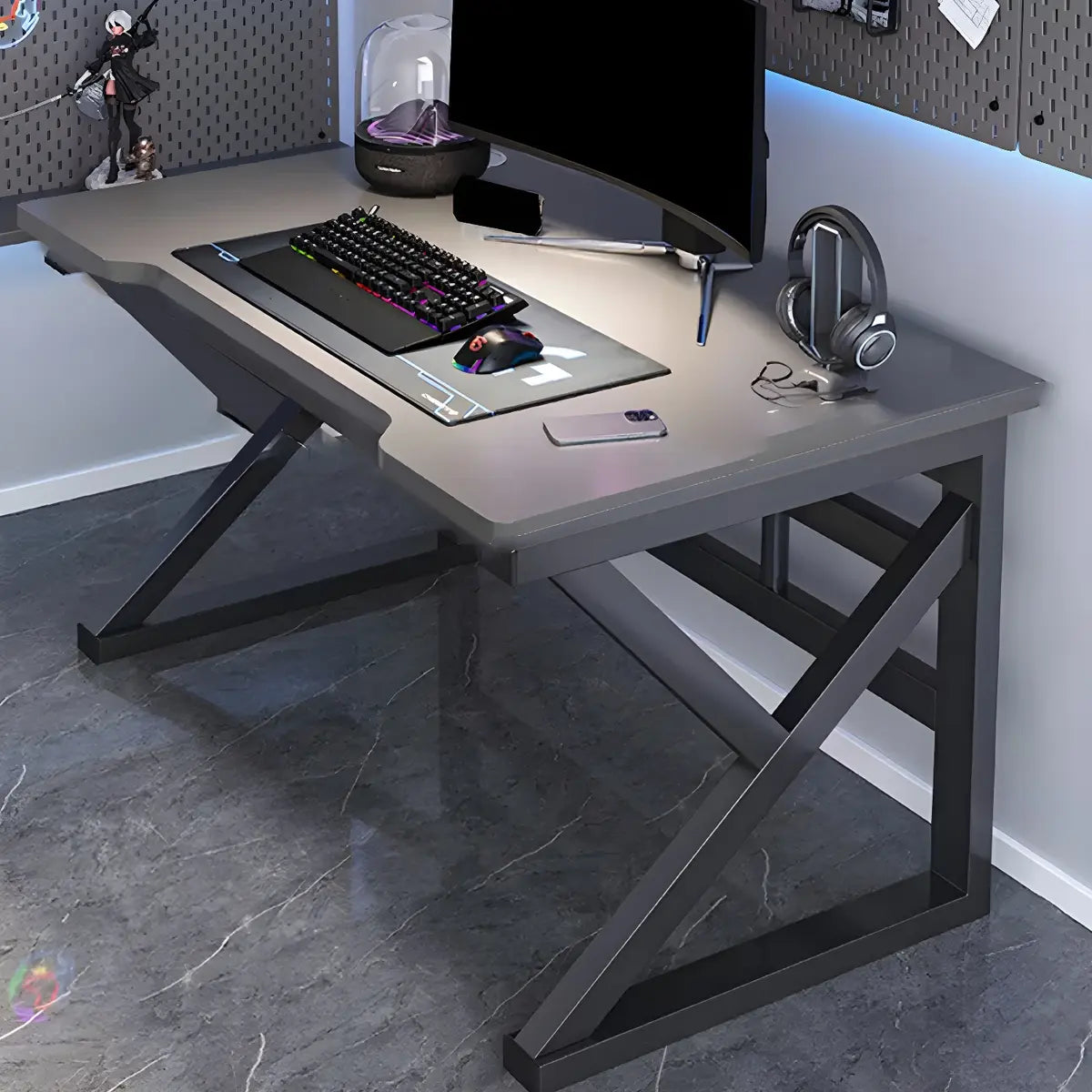 Mid-Century Modern Black Wood Cable Trestle Gaming Desk Image - 5