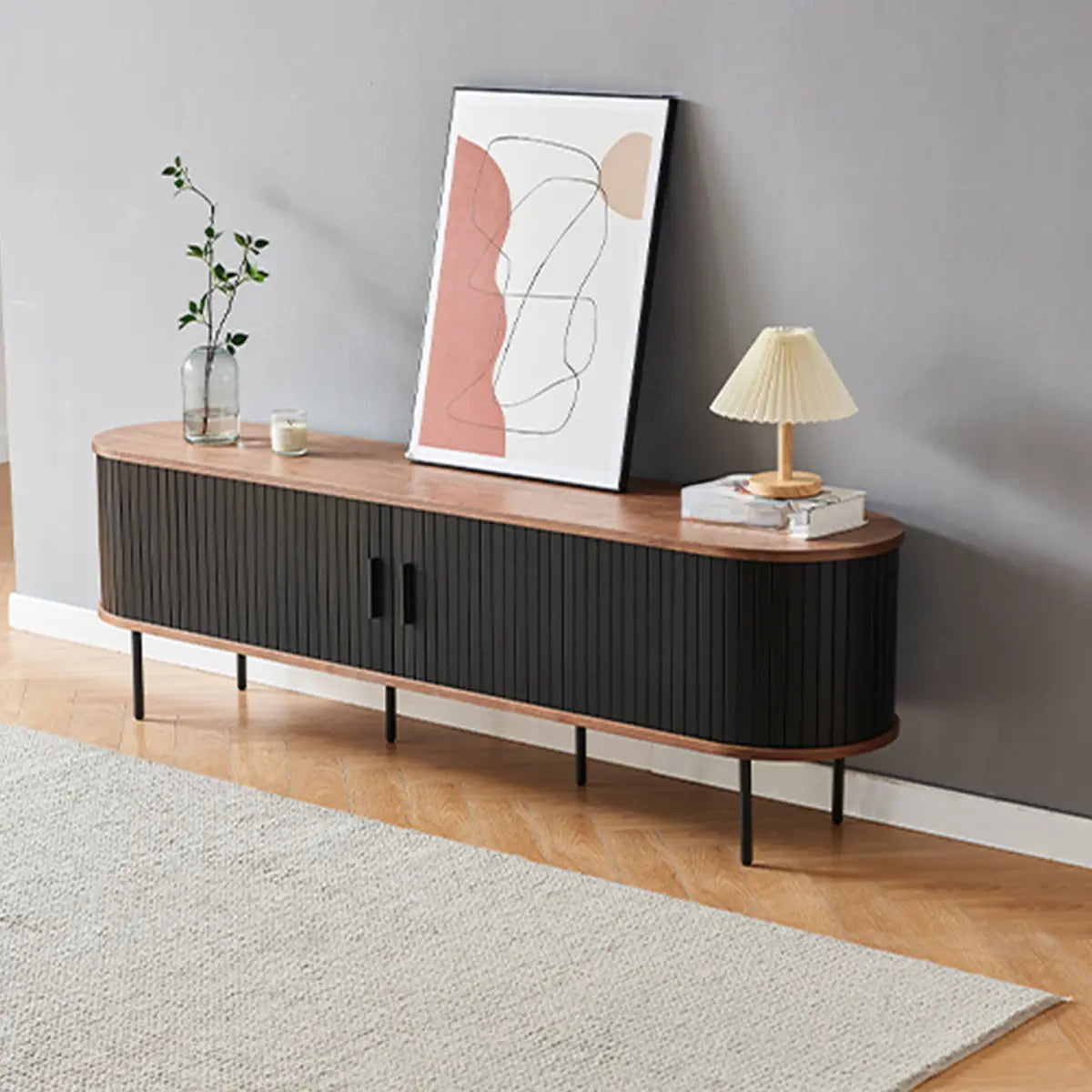 Mid-Century Modern Black Wood TV Stand with Cabinet Image - 1