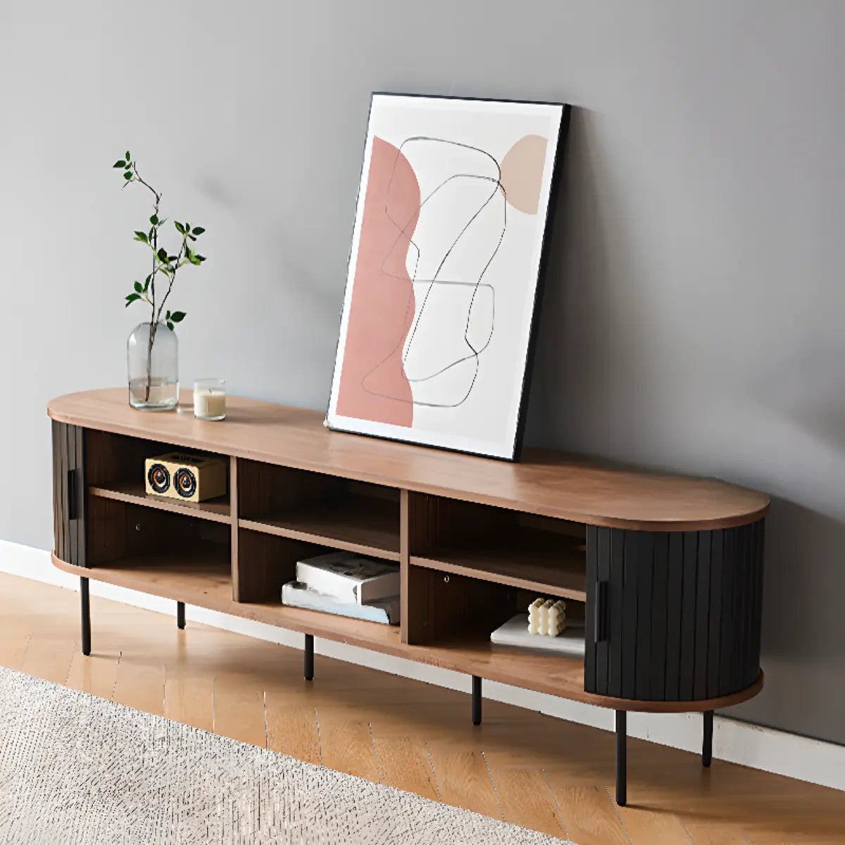 Mid-Century Modern Black Wood TV Stand with Cabinet Image - 6