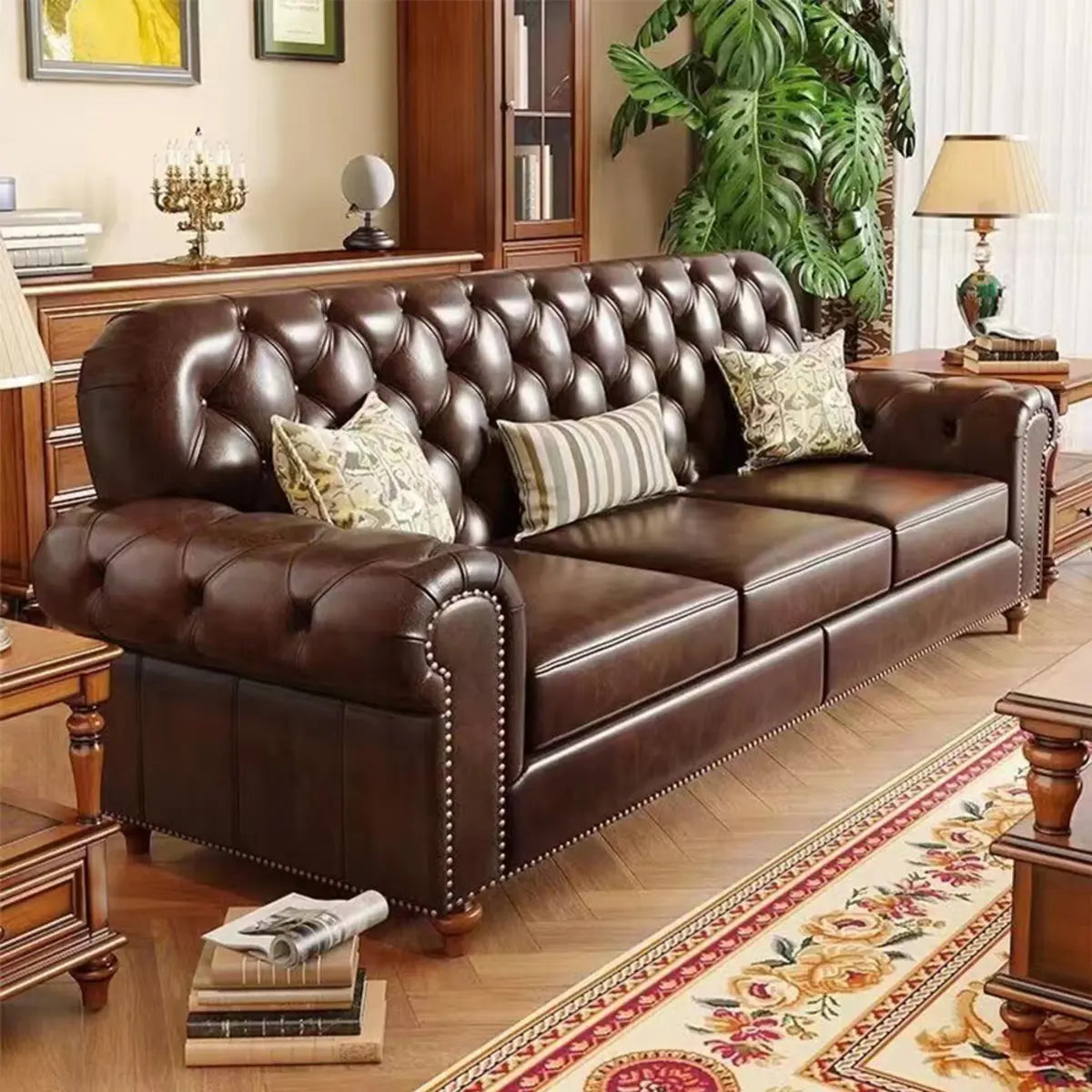 Mid-Century Modern Brown Microfiber Leather Sofa Image - 1