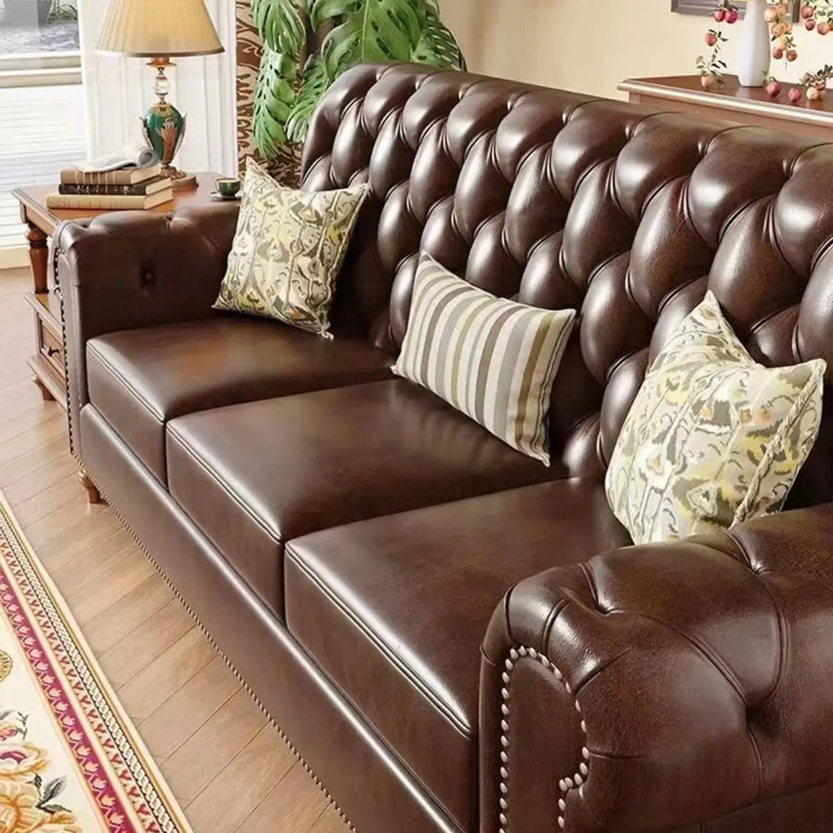 Mid-Century Modern Brown Microfiber Leather Sofa Image - 3