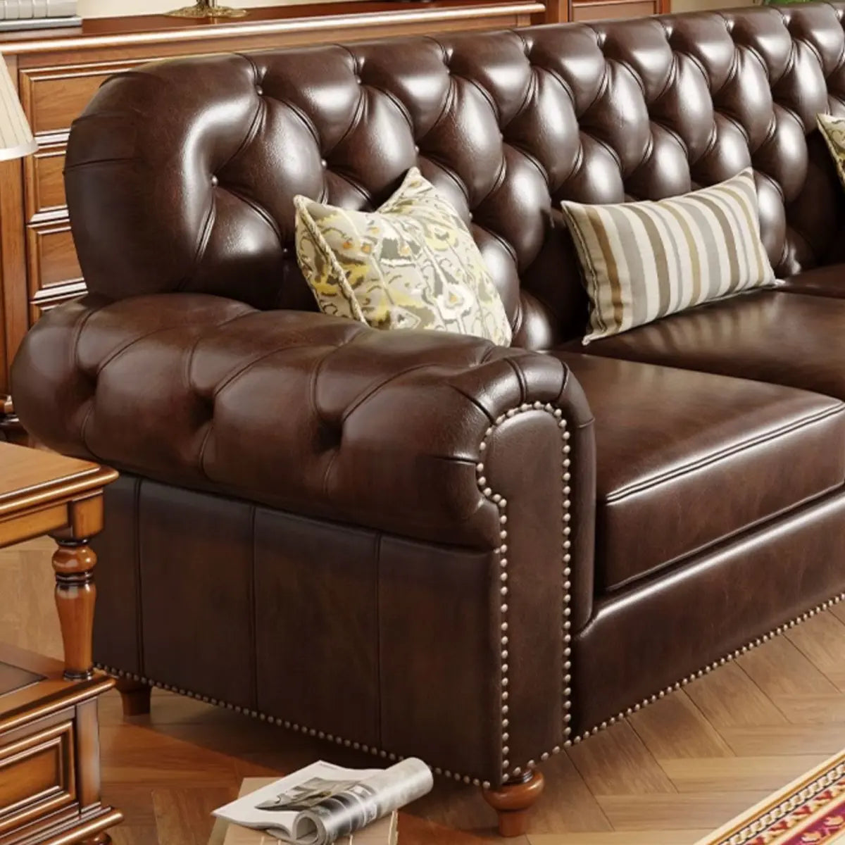 Mid-Century Modern Brown Microfiber Leather Sofa Image - 6