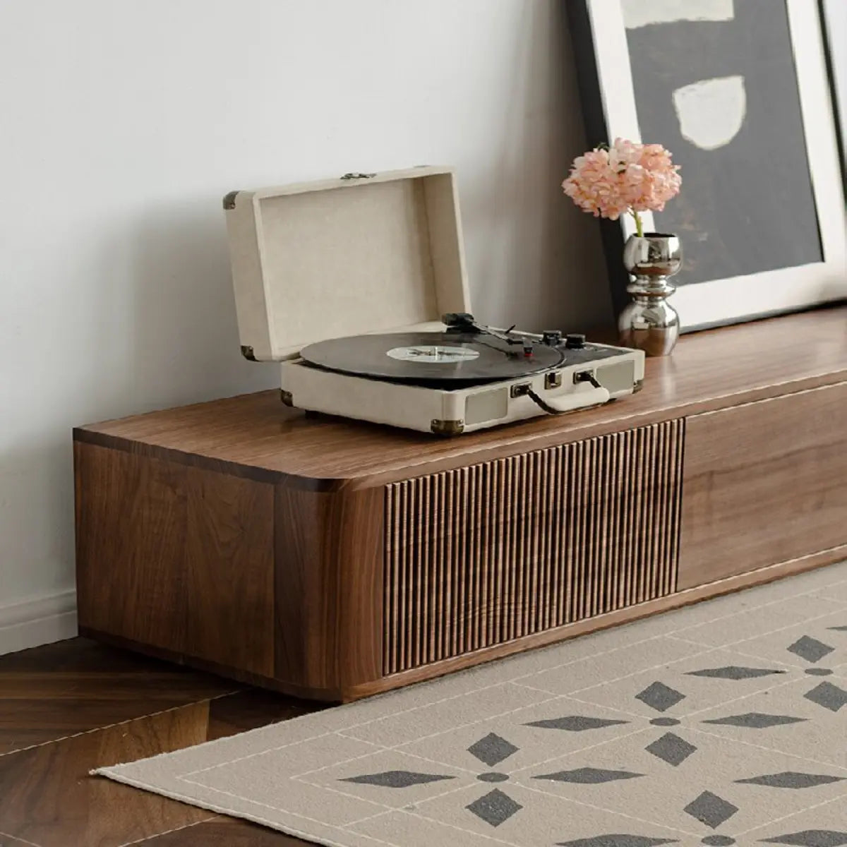 Mid-Century Modern Brown Wood Drawers Long TV Stand Image - 6