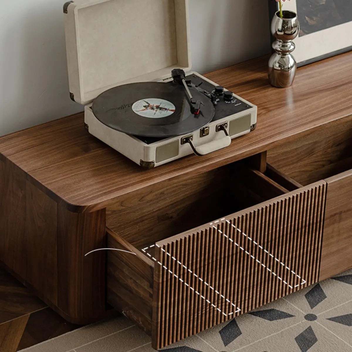 Mid-Century Modern Brown Wood Drawers Long TV Stand Image - 8