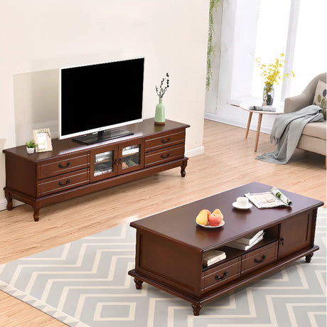 Mid-Century Modern Brown Wood TV Stand with Drawers Image - 1