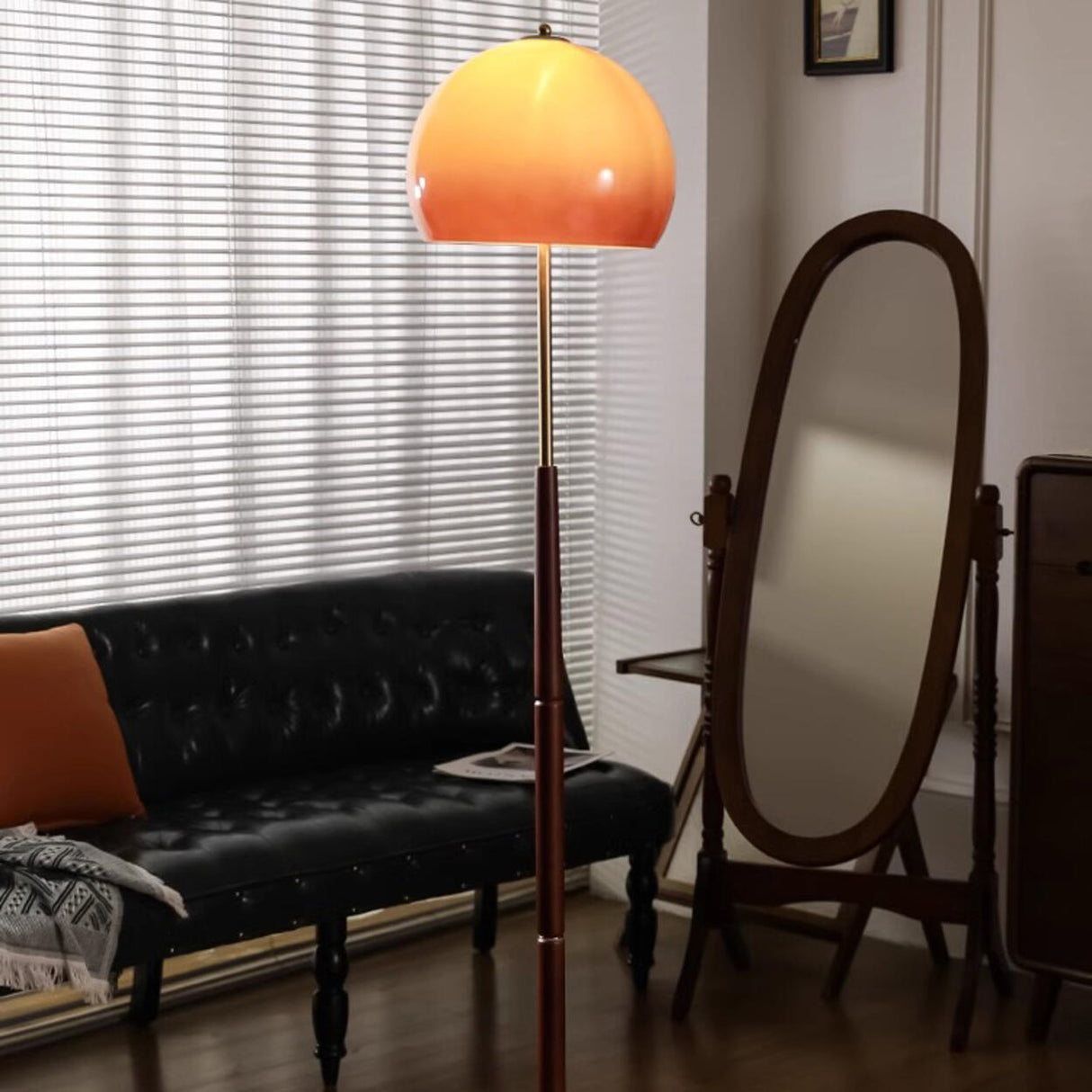 Mid-Century Modern Orange Amber Glass Dome Floor Lamp Image - 4