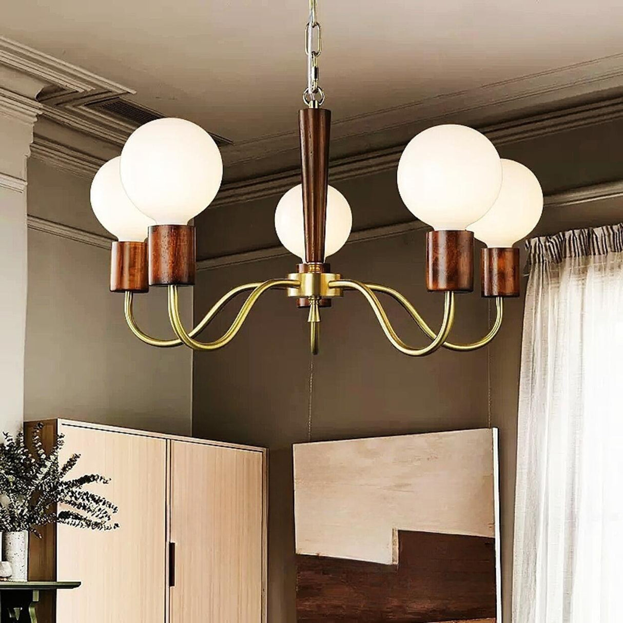 Mid-Century Opal Glass Globes Wood and Brass Chandelier  Image - 1