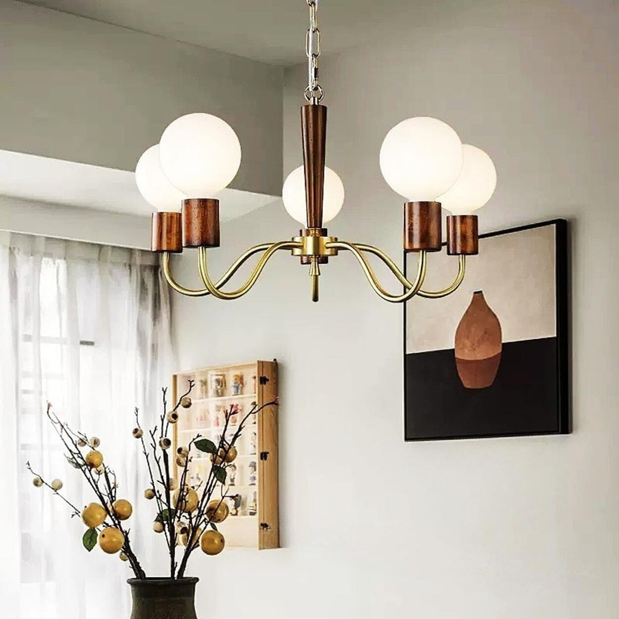 Mid-Century Opal Glass Globes Wood and Brass Chandelier  Image - 2