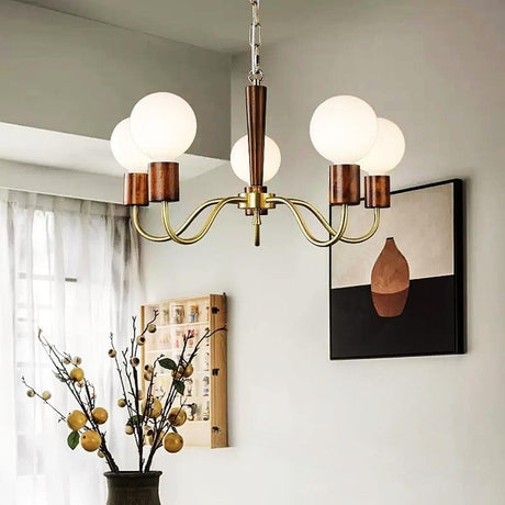 Mid-Century Opal Glass Globes Wood and Brass Chandelier  Image - 2