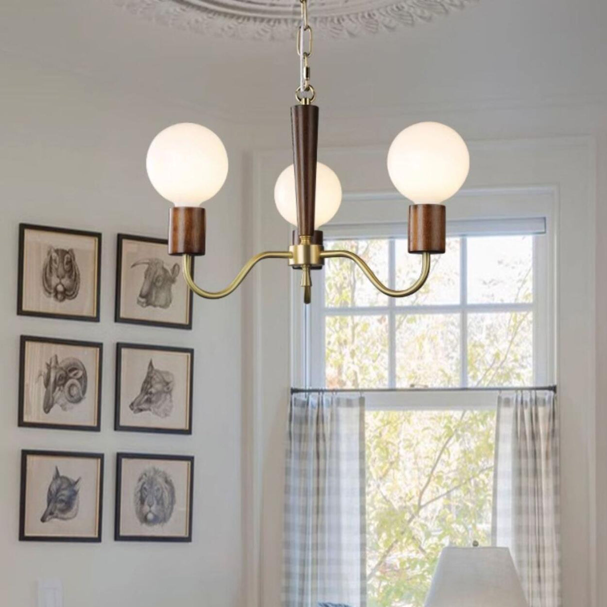 Mid-Century Opal Glass Globes Wood and Brass Chandelier  Image - 3