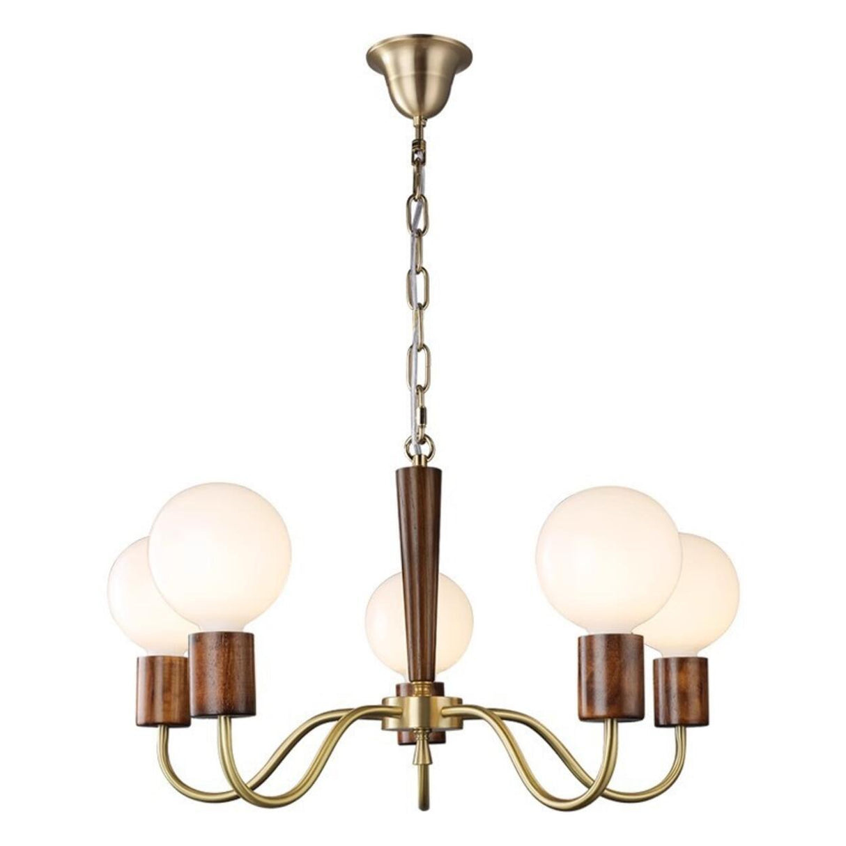 Mid-Century Opal Glass Globes Wood and Brass Chandelier  Image - 5