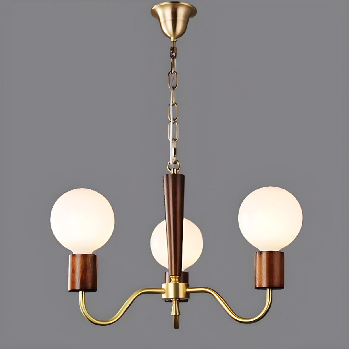 Mid-Century Opal Glass Globes Wood and Brass Chandelier  Image - 6