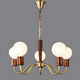 Mid-Century Opal Glass Globes Wood and Brass Chandelier  Image - 7