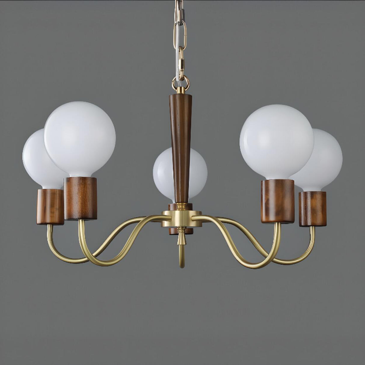 Mid-Century Opal Glass Globes Wood and Brass Chandelier  Image - 8