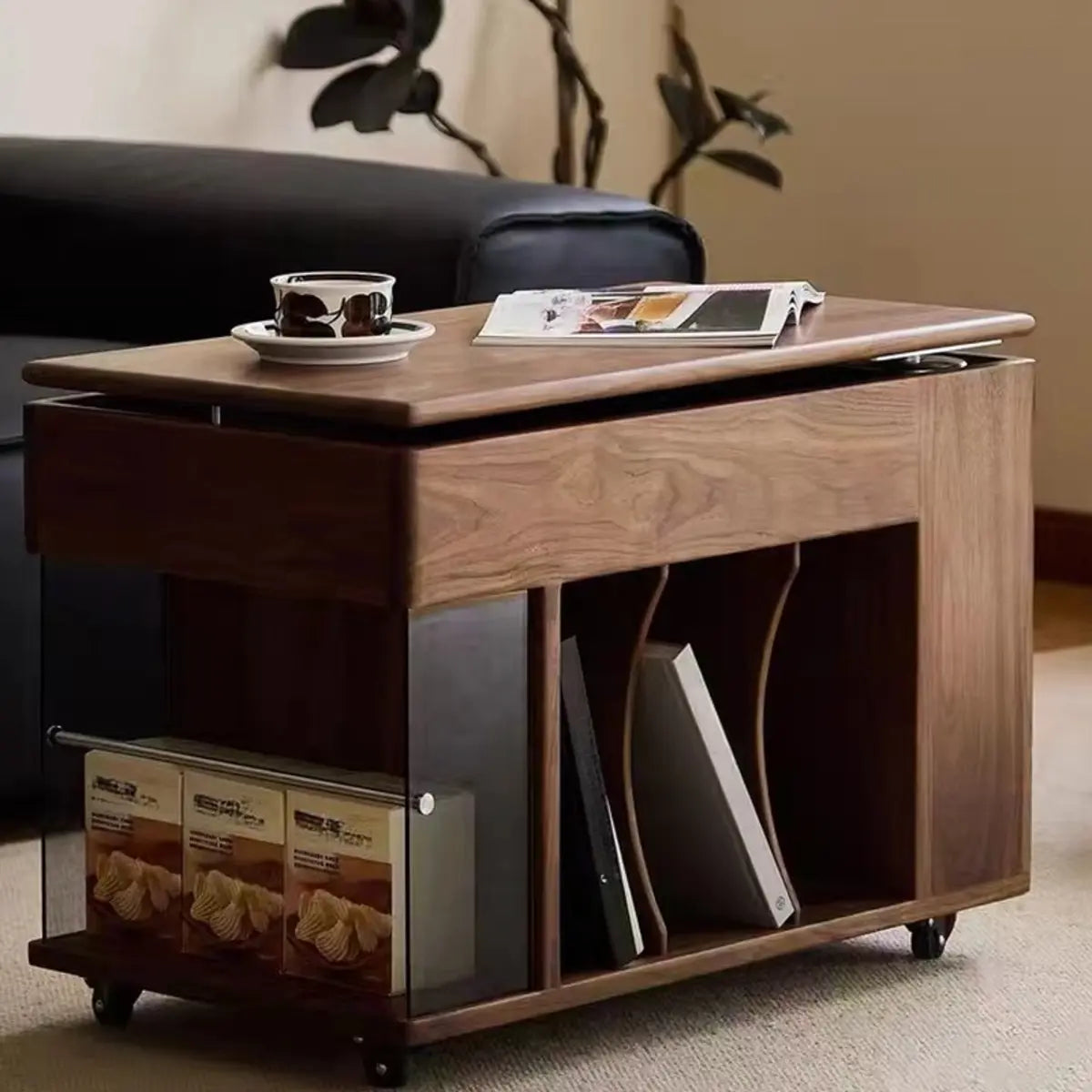 Mid-Century Rectangle Wood Adjustable Brown Wheels End Table Image - 1