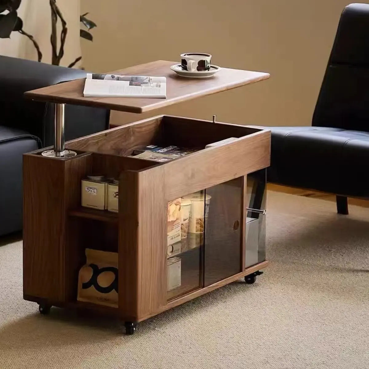 Mid-Century Rectangle Wood Adjustable Brown Wheels End Table Image - 3