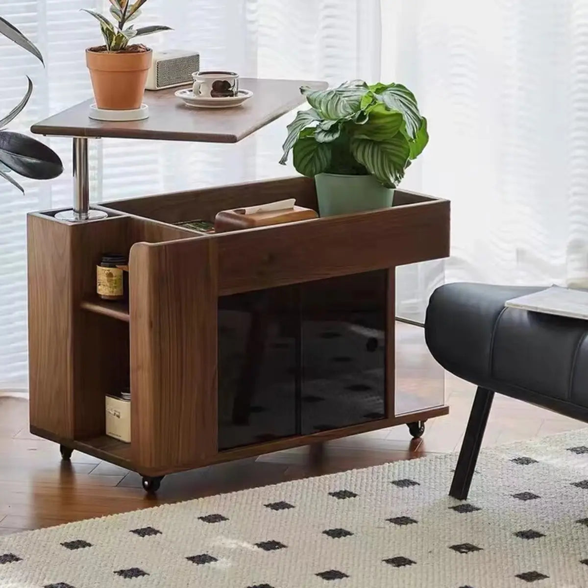 Mid-Century Rectangle Wood Adjustable Brown Wheels End Table Image - 4