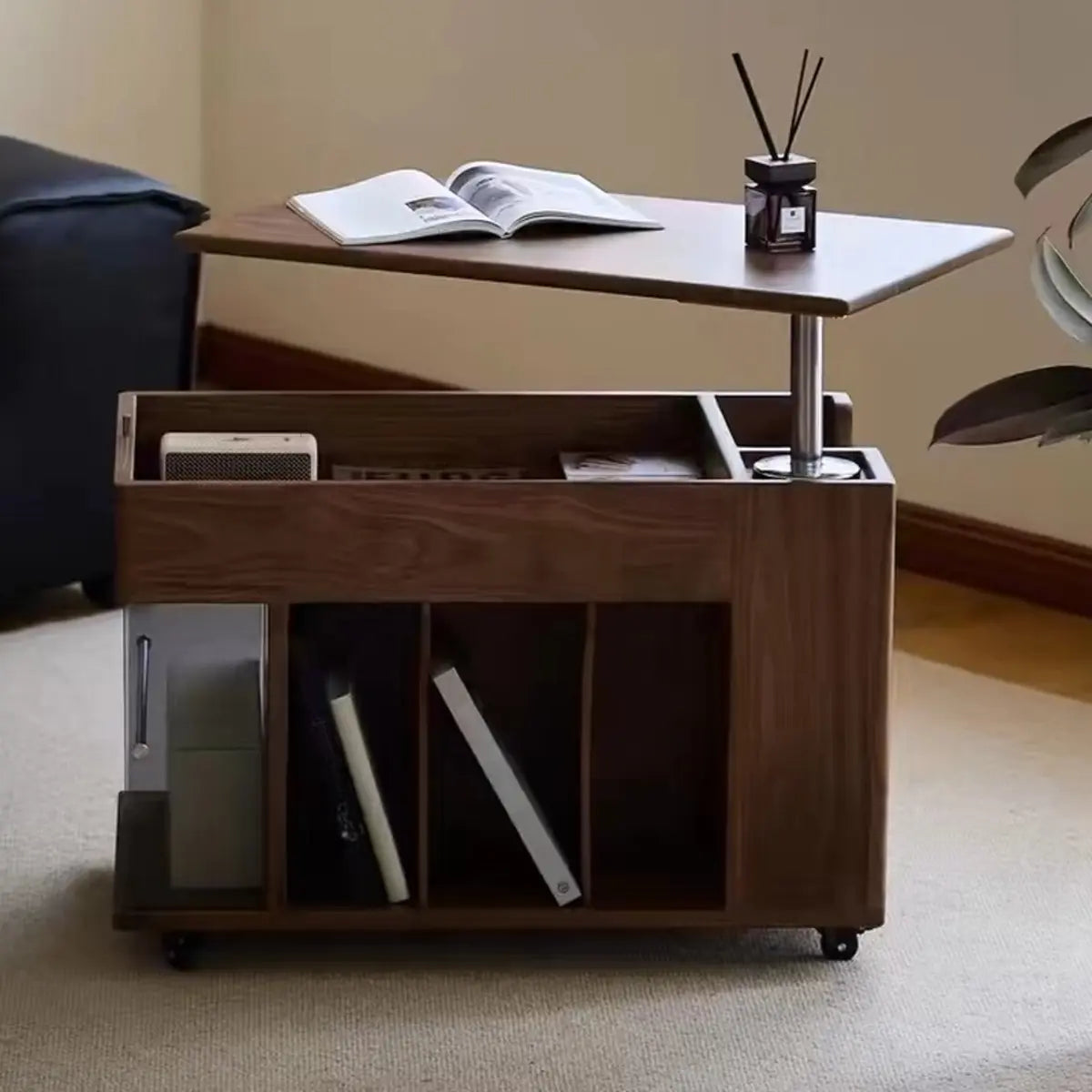 Mid-Century Rectangle Wood Adjustable Brown Wheels End Table Image - 5