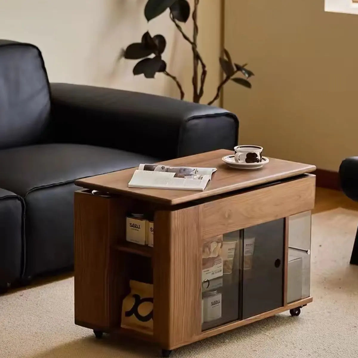 Mid-Century Rectangle Wood Adjustable Brown Wheels End Table Image - 7