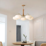 Mid-Century Wood and Brass Drum White Glass Chandelier Image - 2