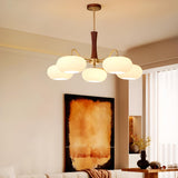 Mid-Century Wood and Brass Drum White Glass Chandelier Image - 4