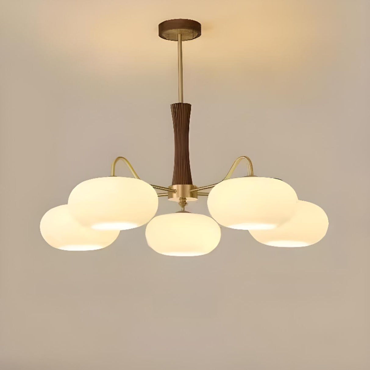 Mid-Century Wood and Brass Drum White Glass Chandelier Image - 5