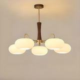 Mid-Century Wood and Brass Drum White Glass Chandelier Image - 5