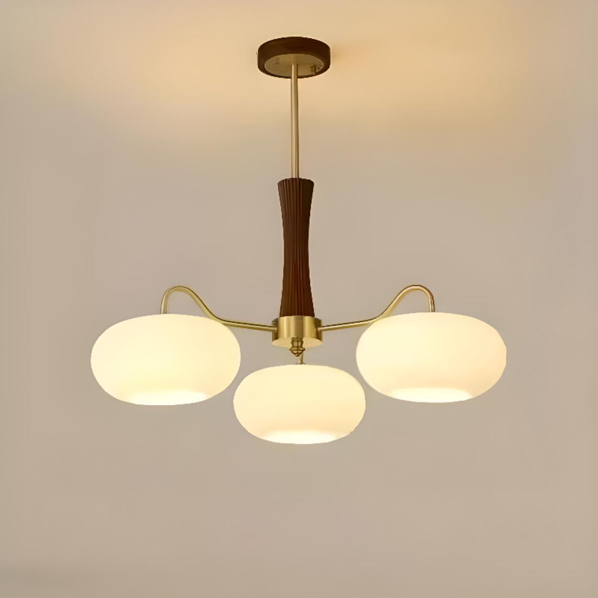 Mid-Century Wood and Brass Drum White Glass Chandelier Image - 6