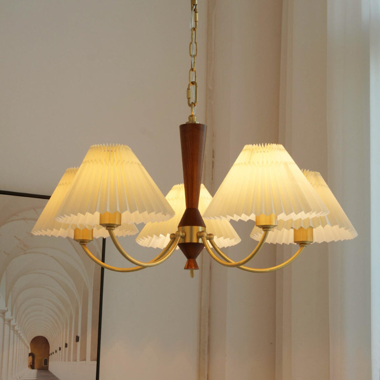 Mid-Century Wood White Pleated Round Chandelier Image - 1