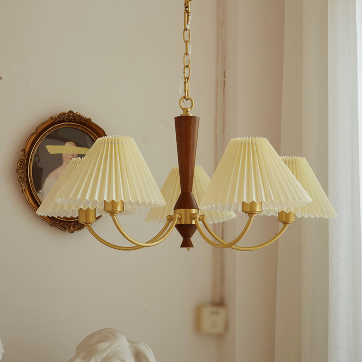 Mid-Century Wood White Pleated Round Chandelier Image - 2