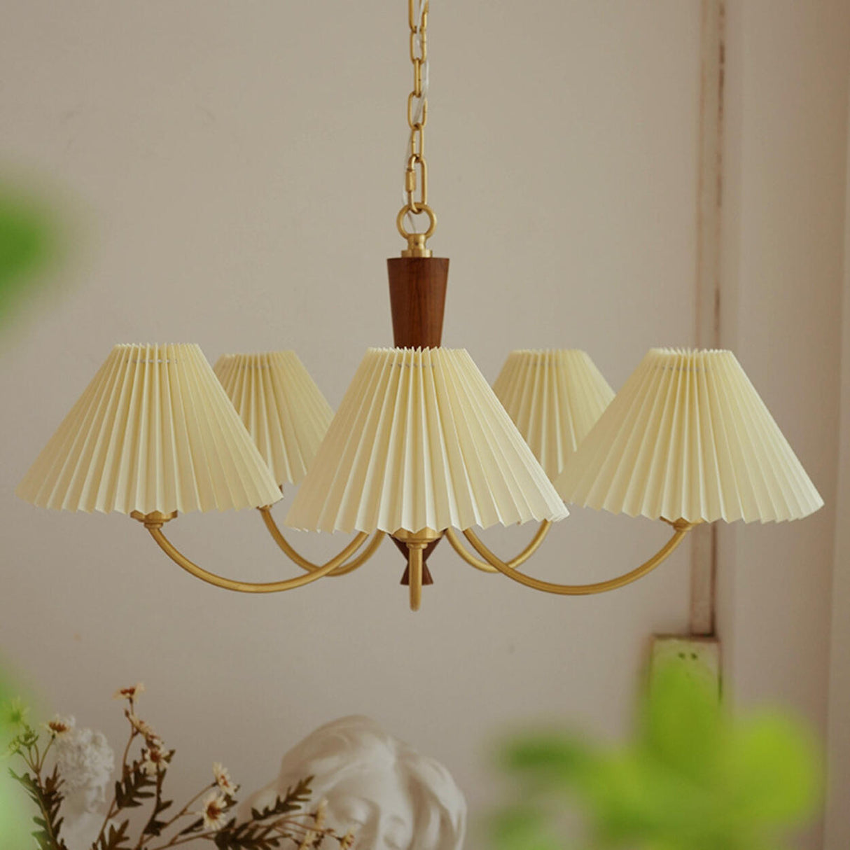 Mid-Century Wood White Pleated Round Chandelier Image - 3