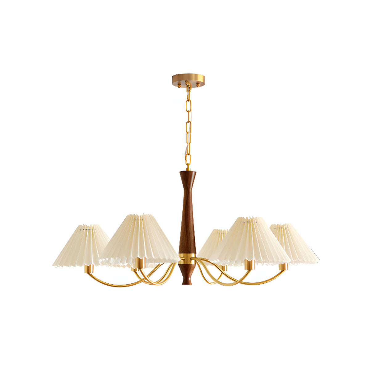 Mid-Century Wood White Pleated Round Chandelier Image - 6