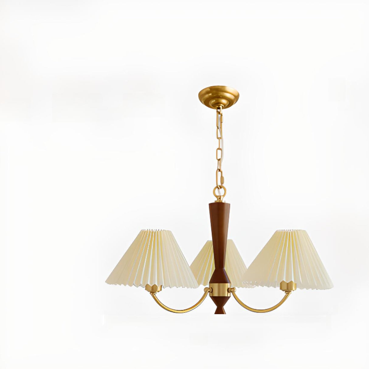 Mid-Century Wood White Pleated Round Chandelier Image - 7