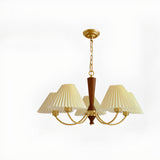 Mid-Century Wood White Pleated Round Chandelier Image - 8