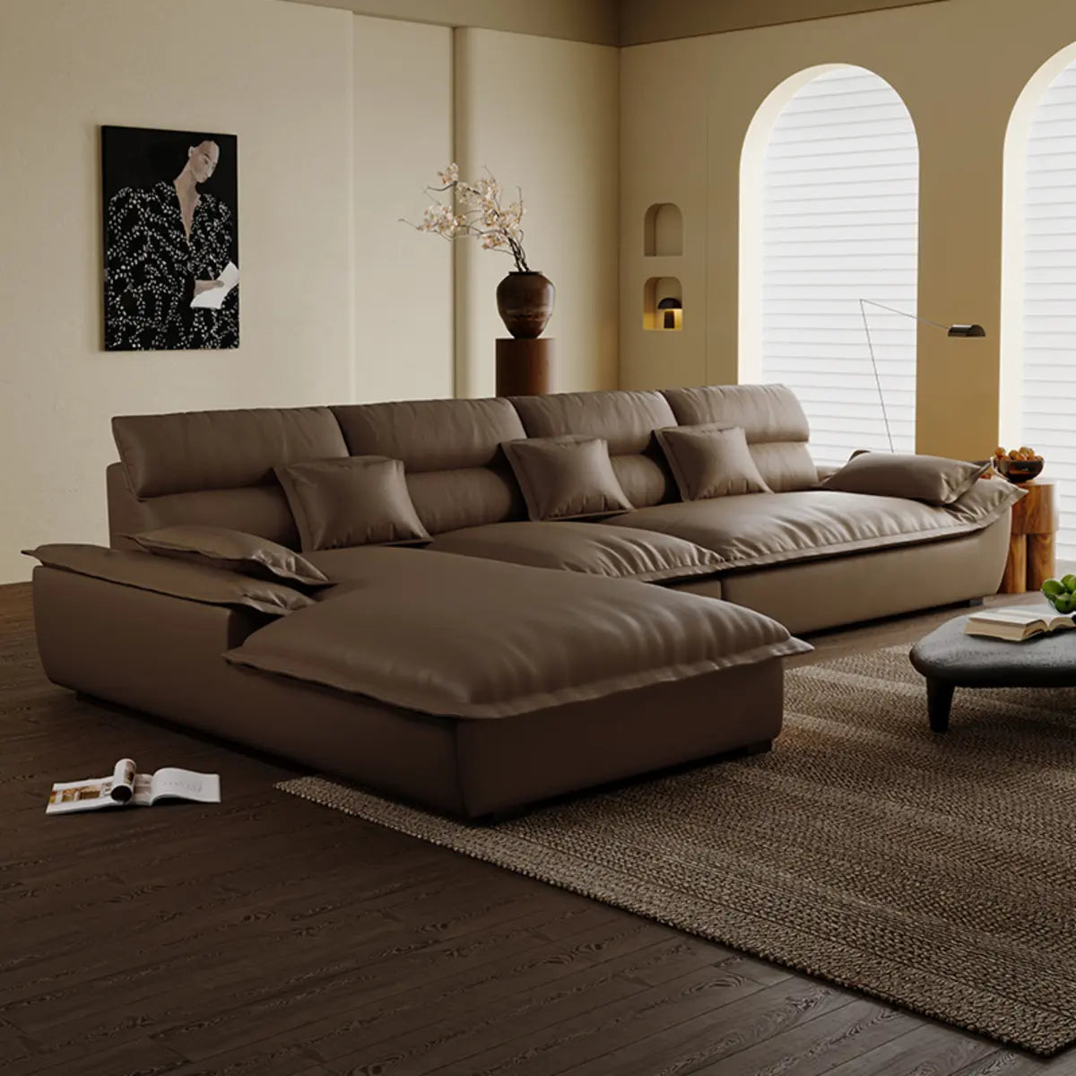 Milk Cocoa Leather L-Shape Left Corner Sectional Image - 9