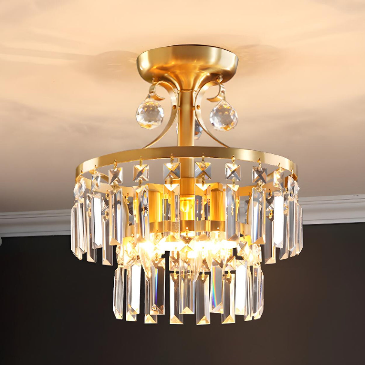 Mini Brass 2-Layer Crystal Flush Mount Ceiling Light Image - 2