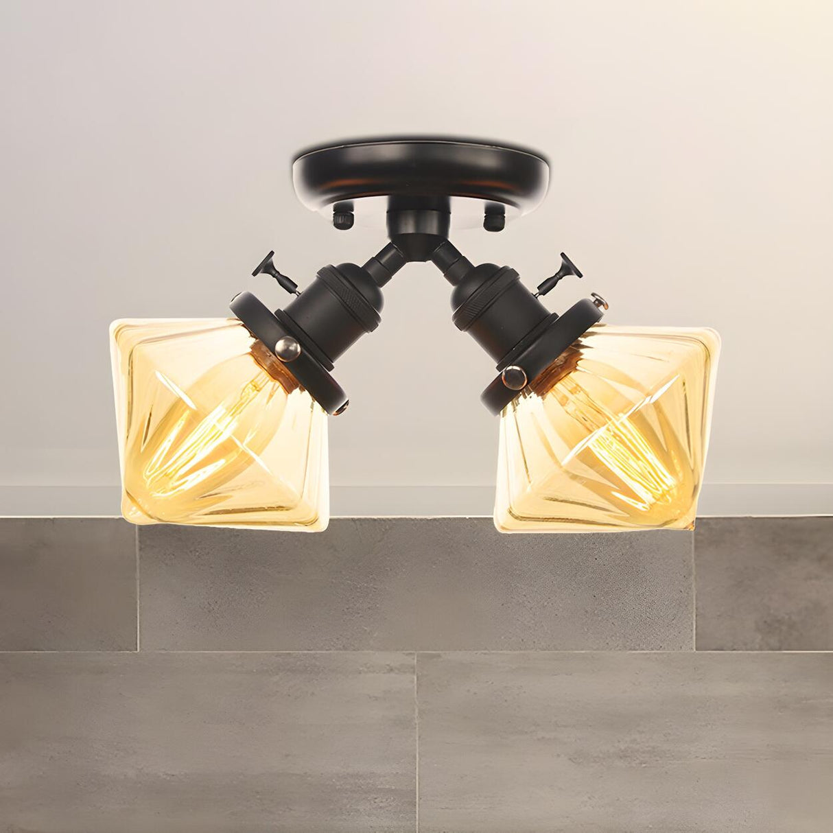 Mini Diamond Amber Glass Semi-Flush Mount Light 2-Light Image - 1