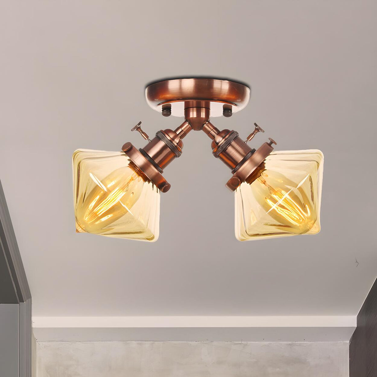 Mini Diamond Amber Glass Semi-Flush Mount Light 2-Light Image - 34