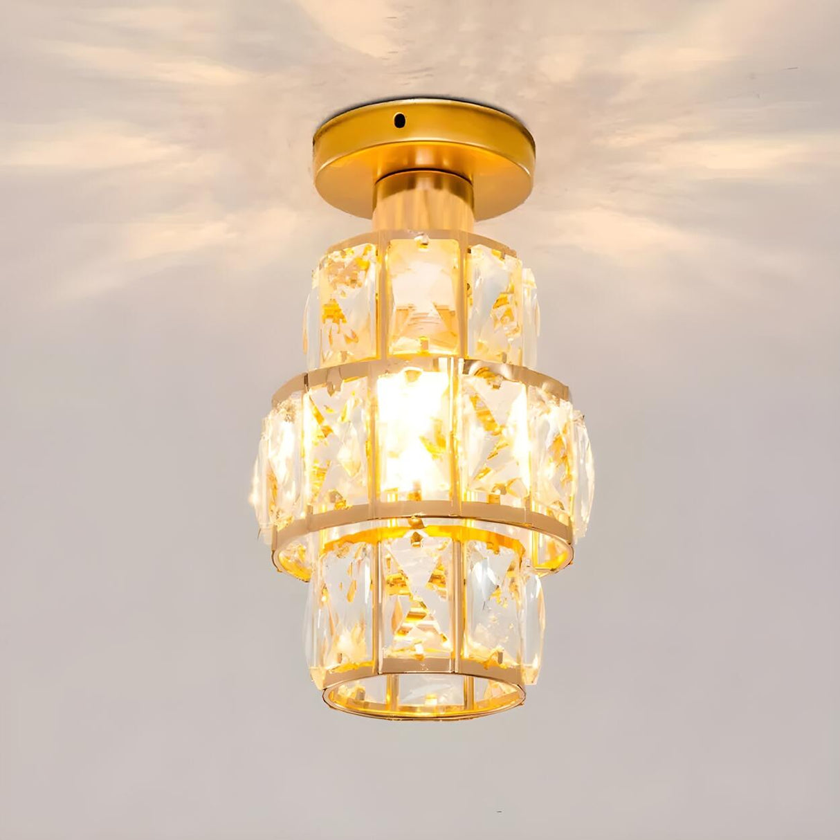 Mini Gold Crystal Inlaid Cylinder Semi-Flush Mount Lamp Image - 4