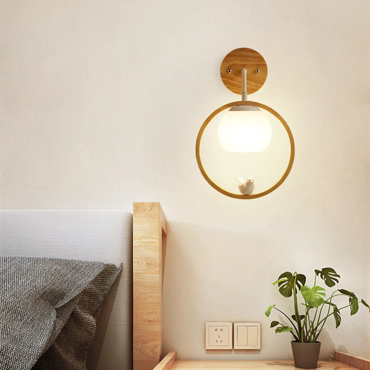 Mini Modern Bird Wood Circular Frame Wall Sconce Image - 2