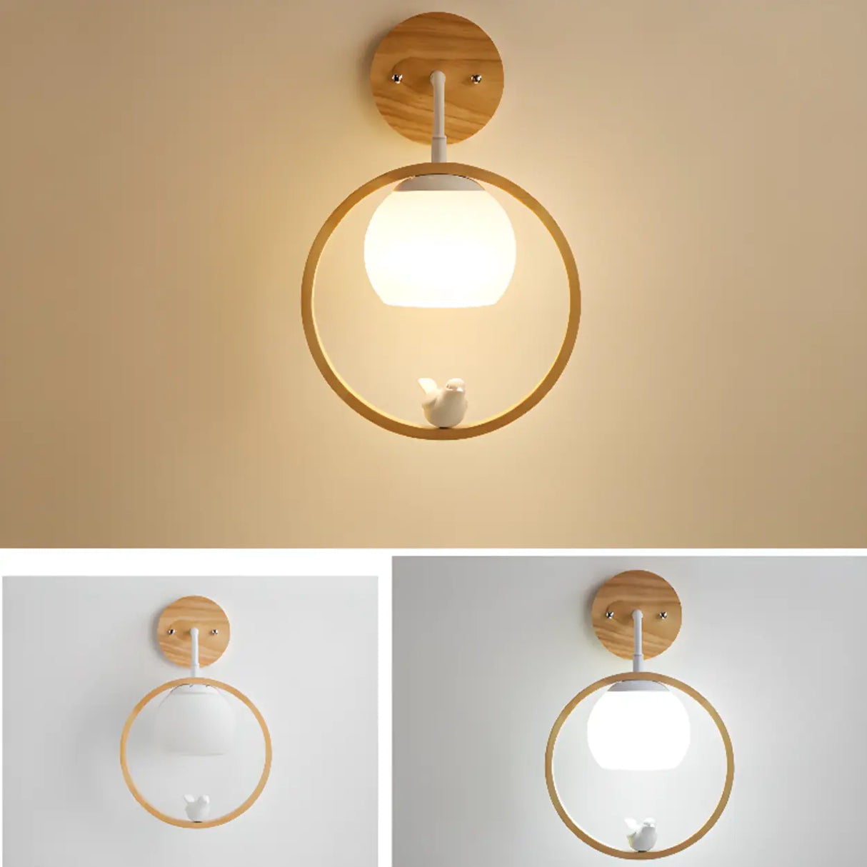 Mini Modern Bird Wood Circular Frame Wall Sconce Image - 6