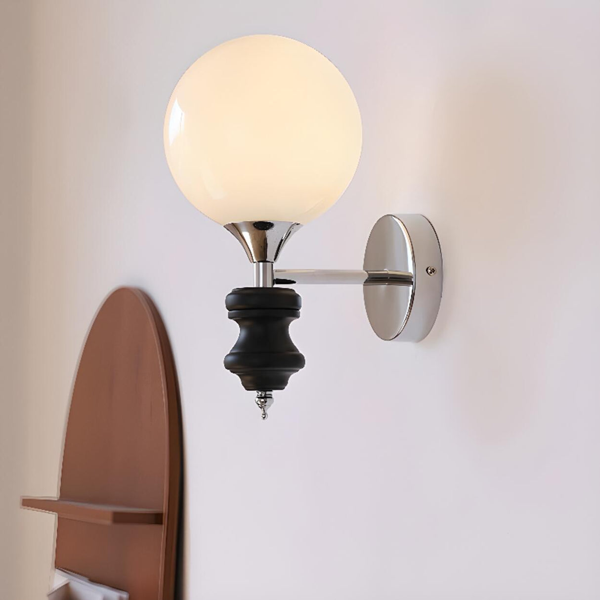 Mini White Glass Globe Wall Sconce with Pull Chain Image - 1