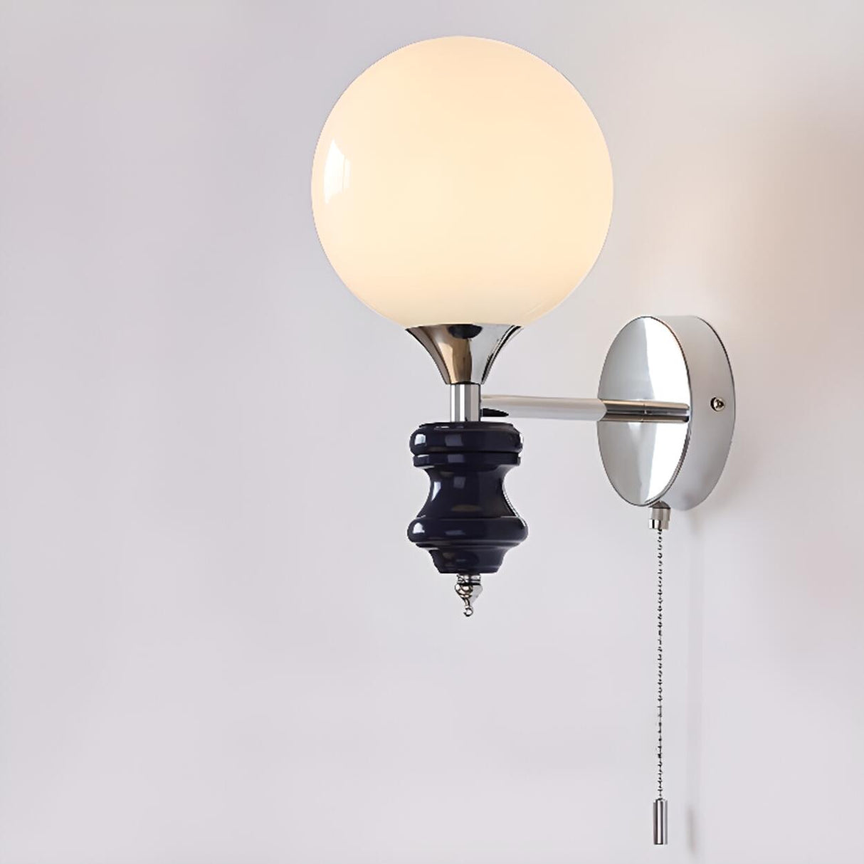 Mini White Glass Globe Wall Sconce with Pull Chain Image - 3