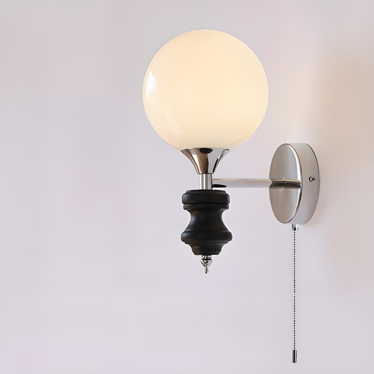 Mini White Glass Globe Wall Sconce with Pull Chain Image - 7