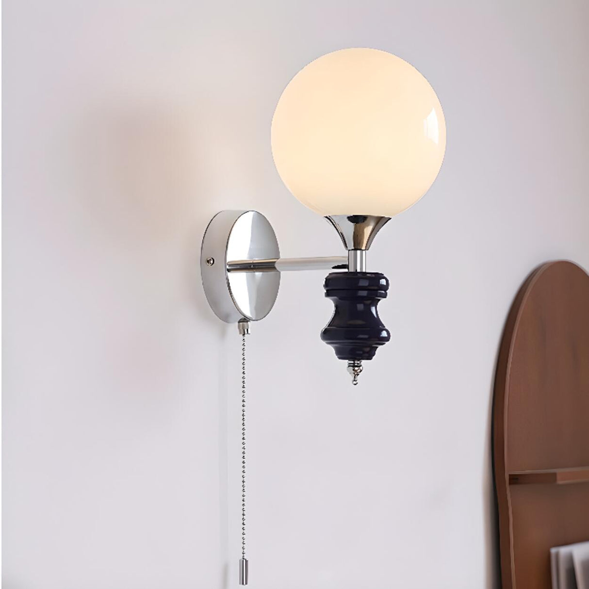 Mini White Glass Globe Wall Sconce with Pull Chain Image - 8