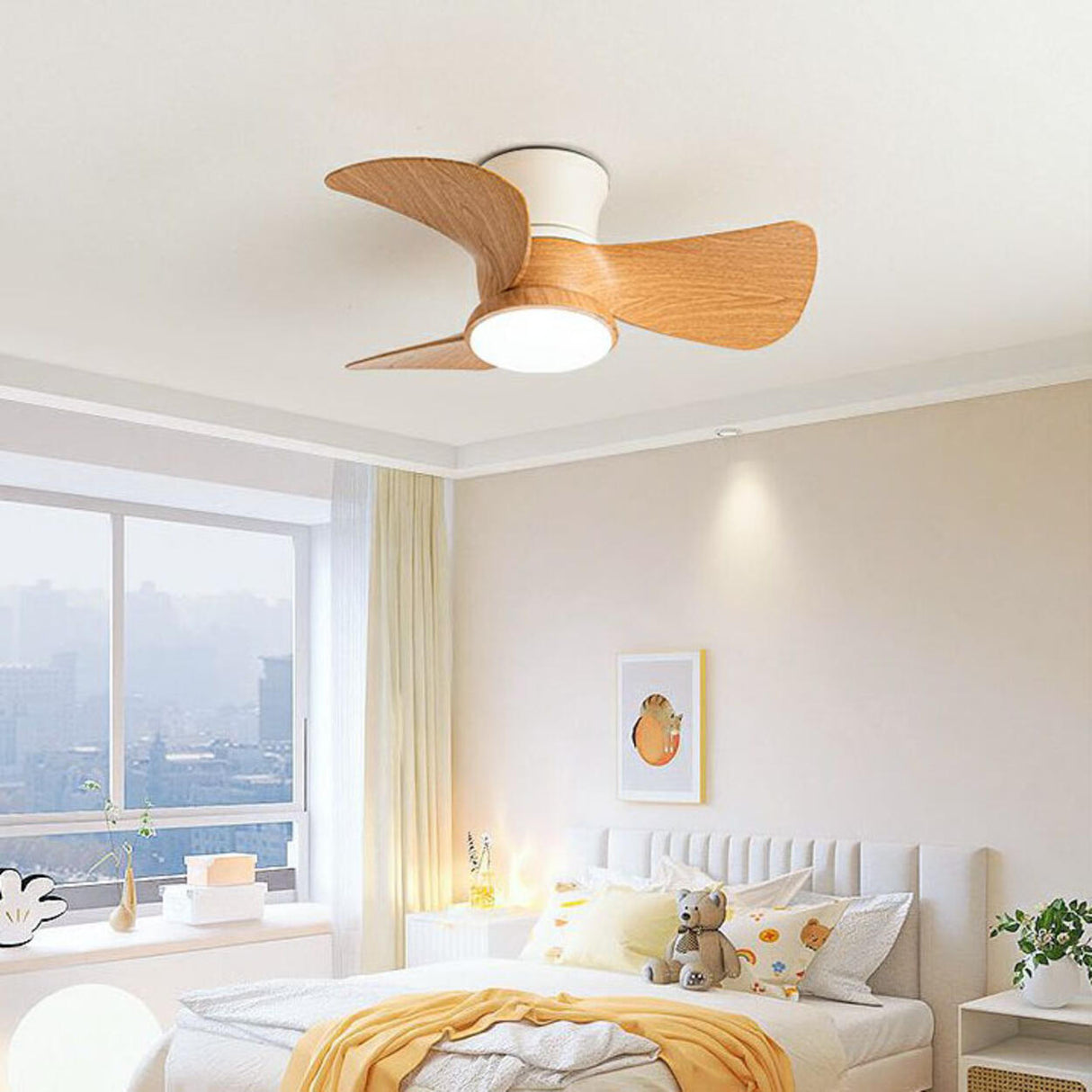 Mini Wooden 3-Blade Flush Ceiling Fan with LED Light Image - 1