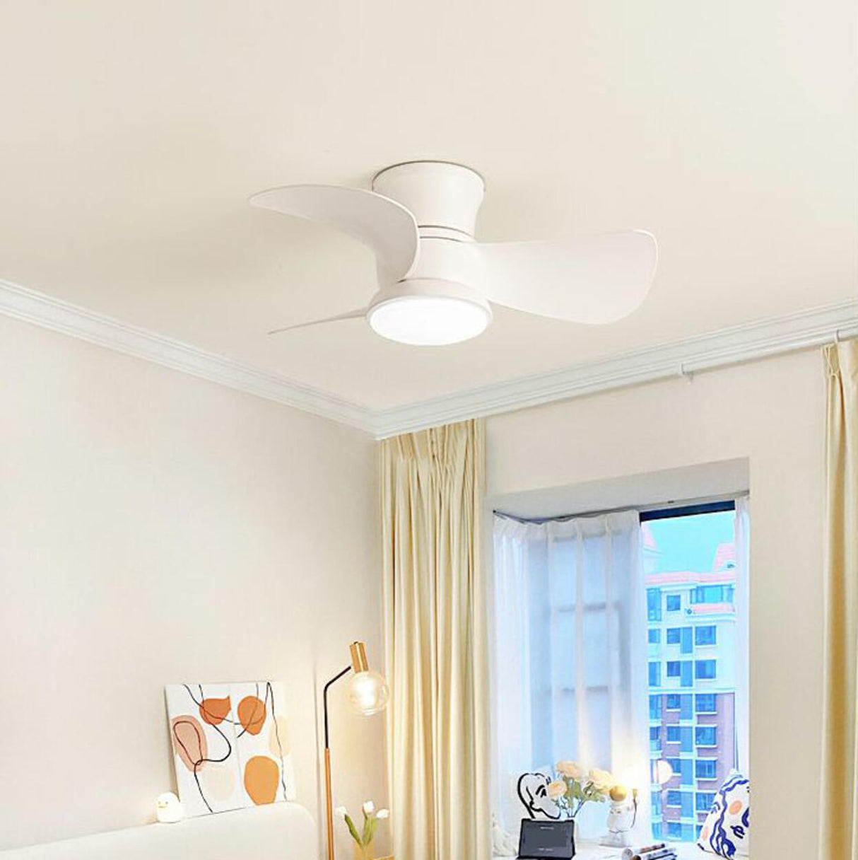 Mini Wooden 3-Blade Flush Ceiling Fan with LED Light Image - 4