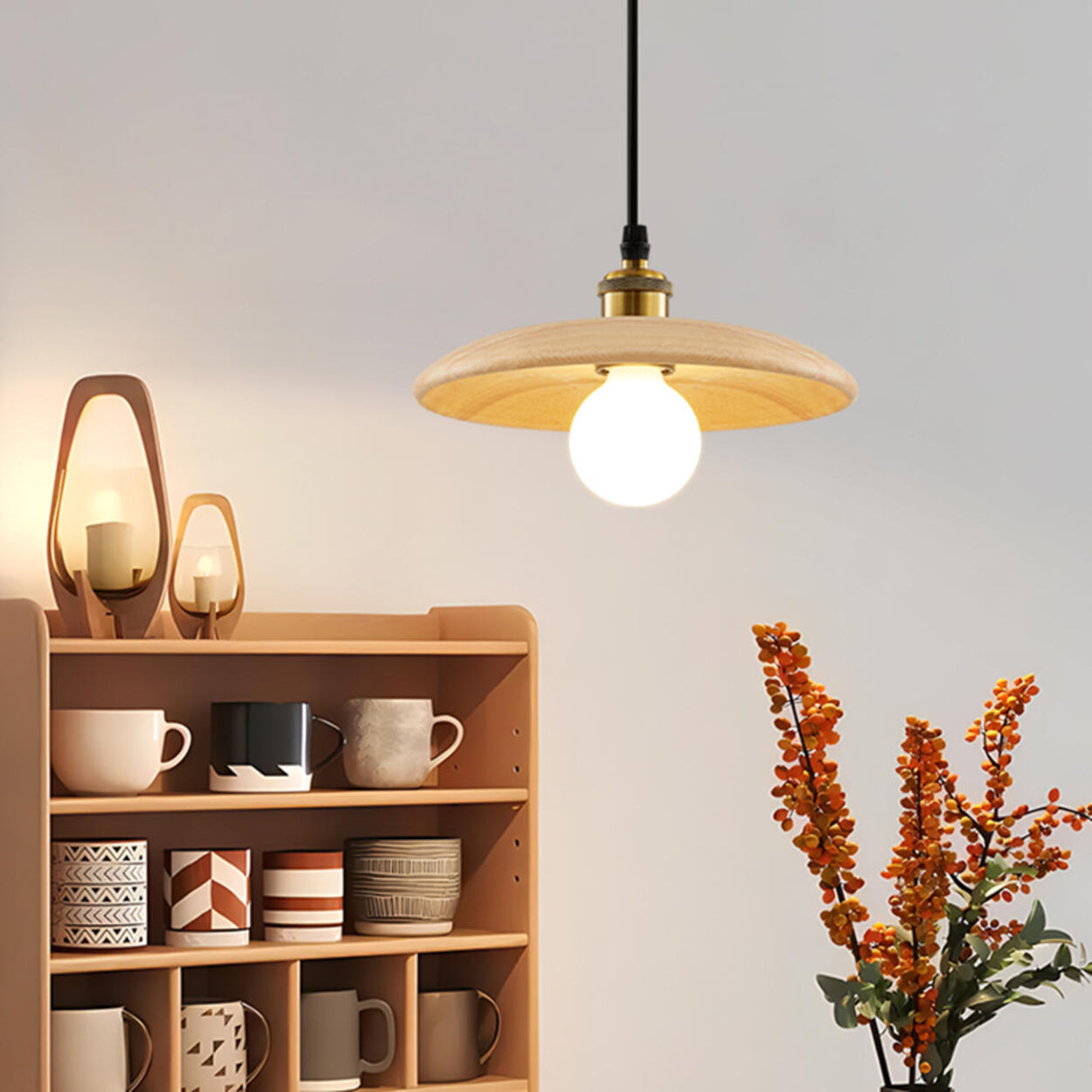 Minimalist Adjustable Cord Solid Wood Disc Pendant Light Image - 1